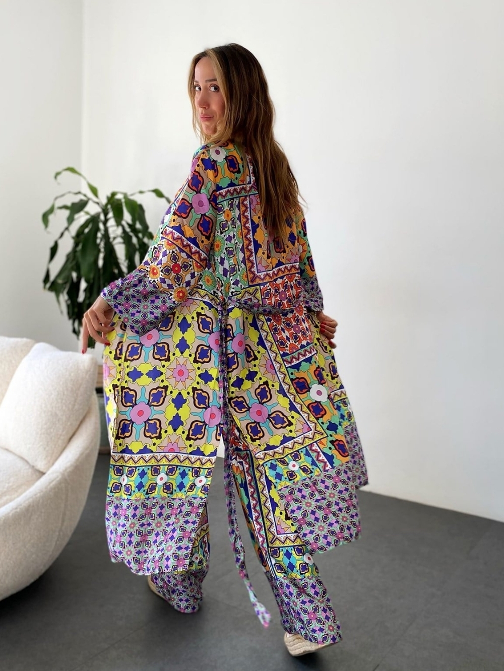ZARA MULTICOLORED PRINTED KIMONO KAFTAN TUNIC WITH BELT Size XS
